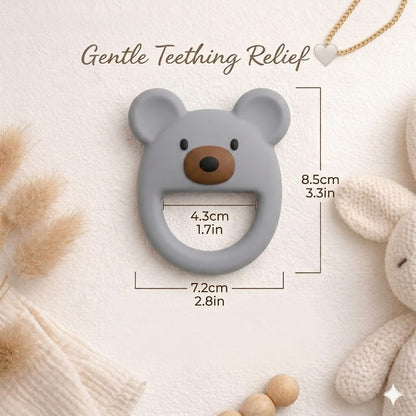 Dusty Blue Luxe Bear silicone baby teether with product dimensions