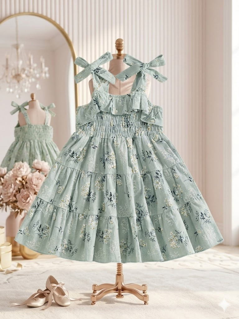 Little girl in an elegant sage green floral ruffle dress feeding animals outdoors