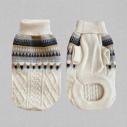 White Fair Isle Cable Knit Dog Sweater shown from front and underside with leg openings