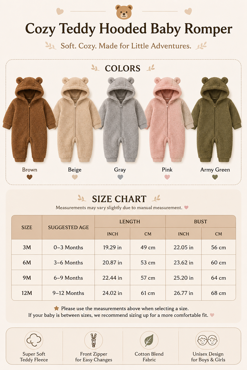 Fuzzy bear hooded baby romper size chart for 3M, 6M, 9M and 12M