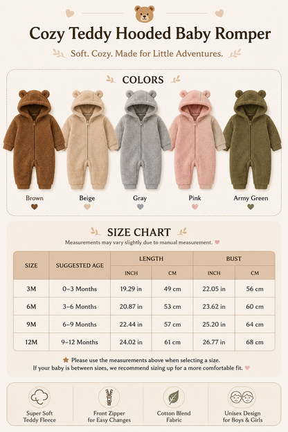 Fuzzy bear hooded baby romper size chart for 3M, 6M, 9M and 12M