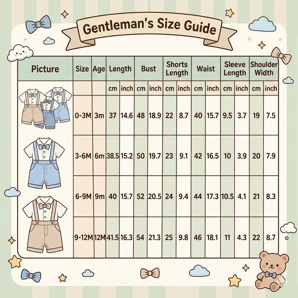 Gentleman romper size guide chart with measurements for baby sizes 0-3 to 9-12M