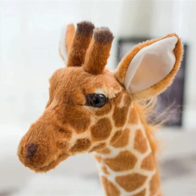 Close-up of Giant Standing Giraffe Plush – Safari-Inspired Statement Decor showing its face and ears