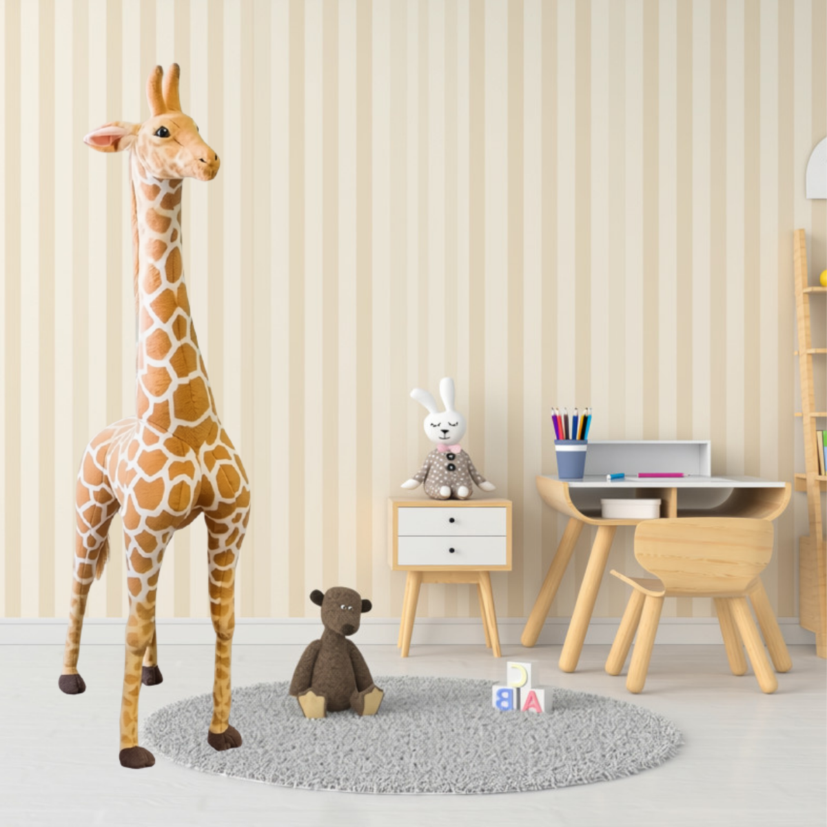 Giant Standing Giraffe Plush – Safari-Inspired Statement Decor in a kids’ room with cream striped wallpaper, a wooden desk, chair, and small bedside cabinet