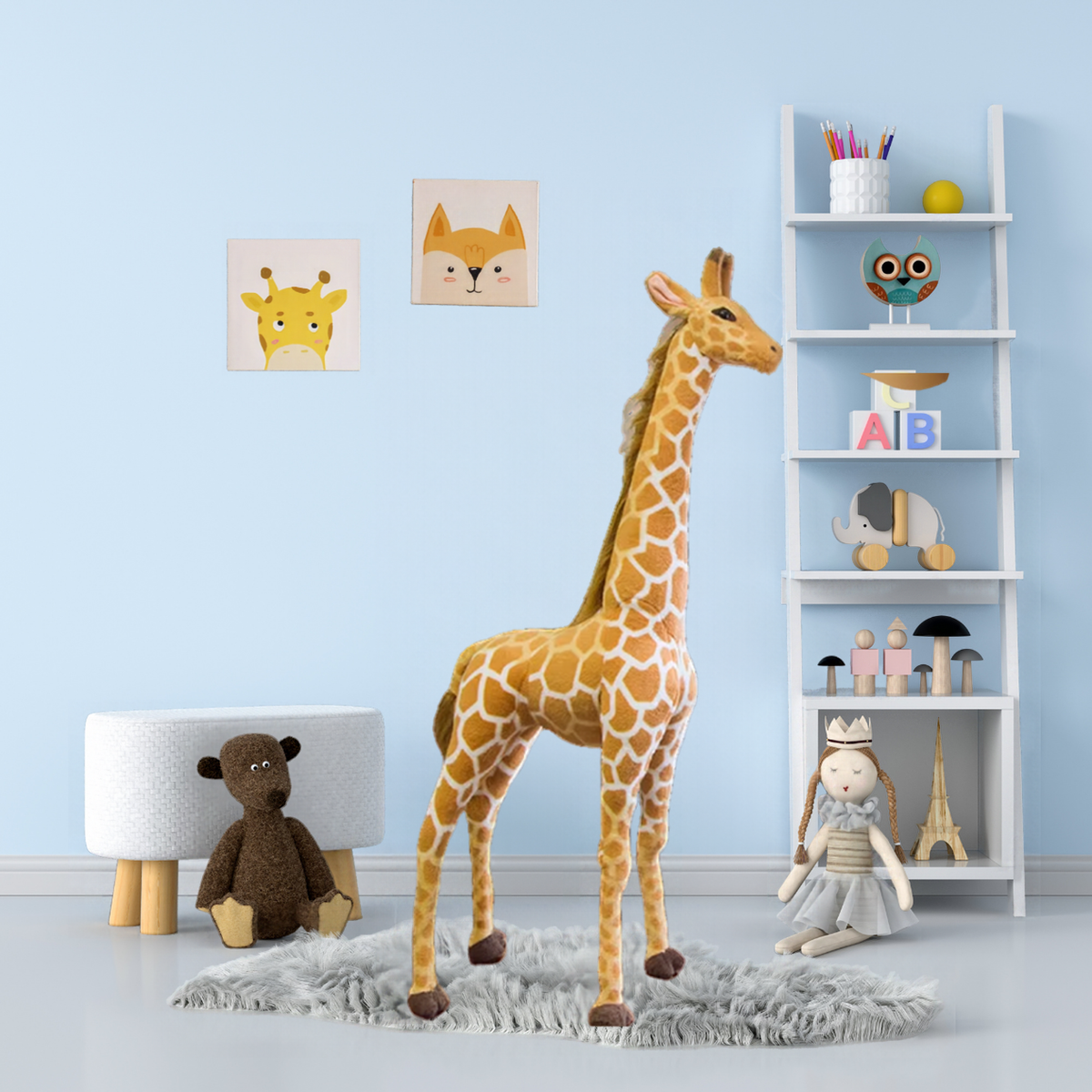 120 cm (47.2 in) Giant Standing Giraffe Plush – Safari-Inspired Statement Decor in a blue nursery with white shelving