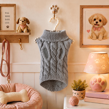 Gray cable knit dog sweater hanging in a cozy pet room