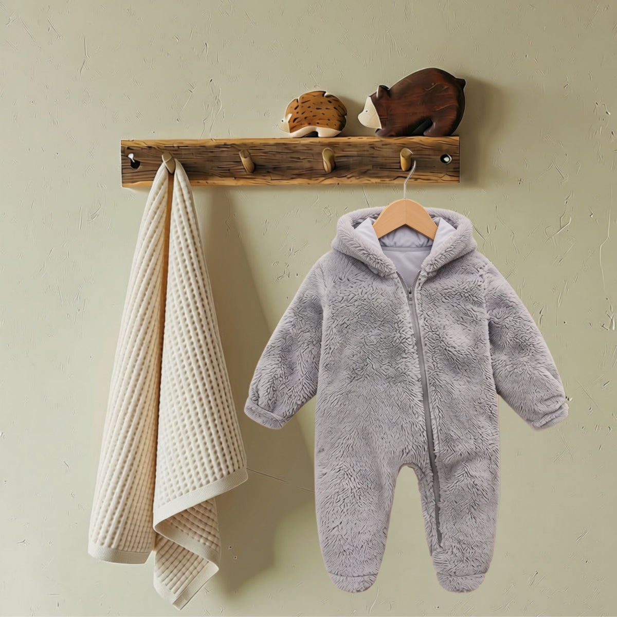Gray fuzzy bear hooded baby romper with full-length zipper