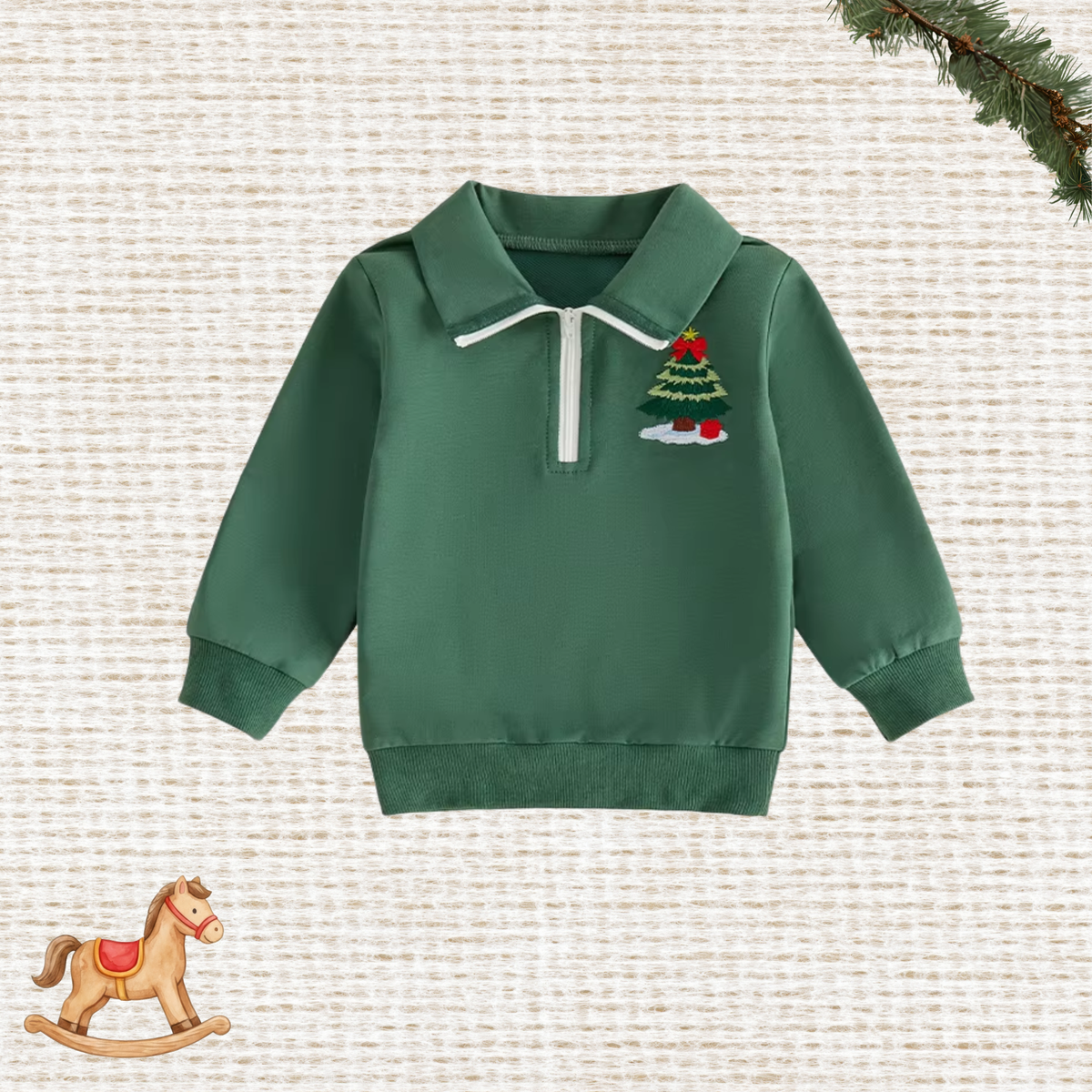 Front view of the Little Evergreen Christmas Tree Quarter-Zip Pullover in green, featuring a white-trimmed fold-over collar, short zipper, embroidered Christmas tree, and ribbed cuffs