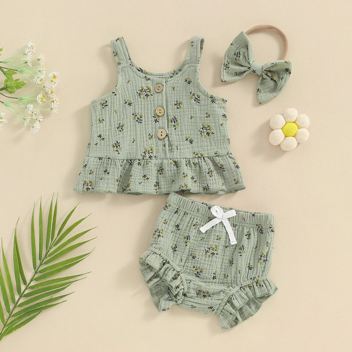 Green Sweet Blossom baby girl floral 3-piece outfit with ruffle bloomers and matching bow headband