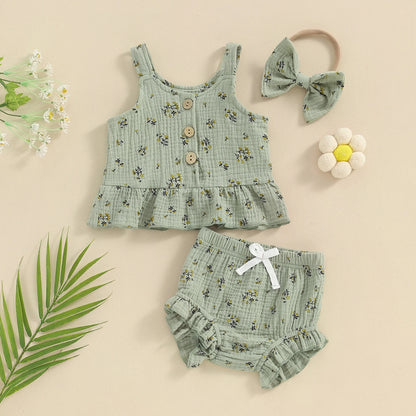 Green Sweet Blossom baby girl floral 3-piece outfit with ruffle bloomers and matching bow headband
