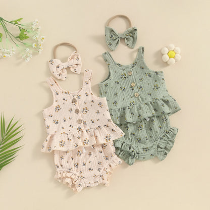 Green and Khaki Sweet Blossom baby girl 3-piece floral outfits with matching bow headbands