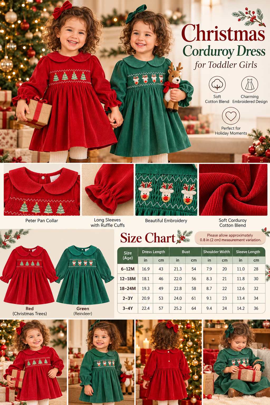 Christmas Corduroy Dress for toddler girls in red and green with product details and size chart