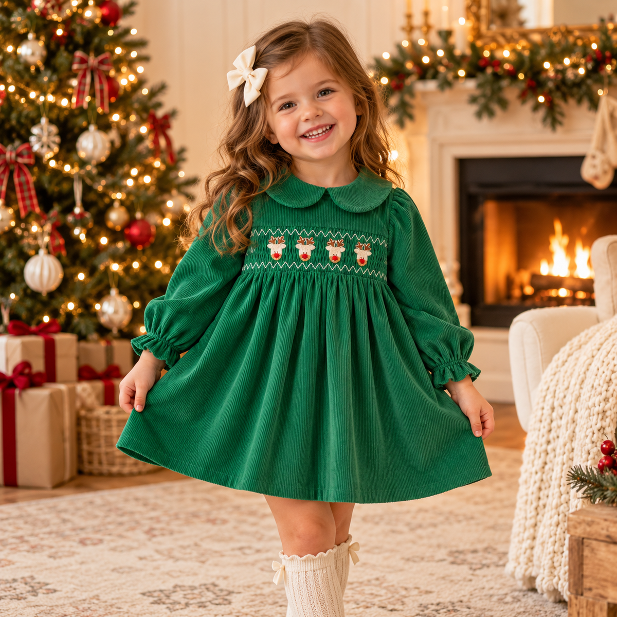 Toddler girl wearing green Christmas Corduroy Dress with reindeer embroidery in a cozy holiday setting