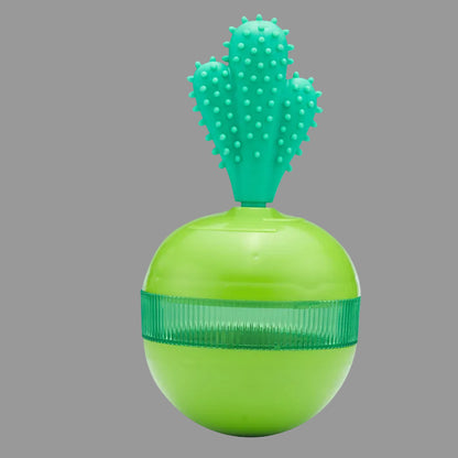 Green interactive dog treat dispenser ball with textured dental cleaning top.
