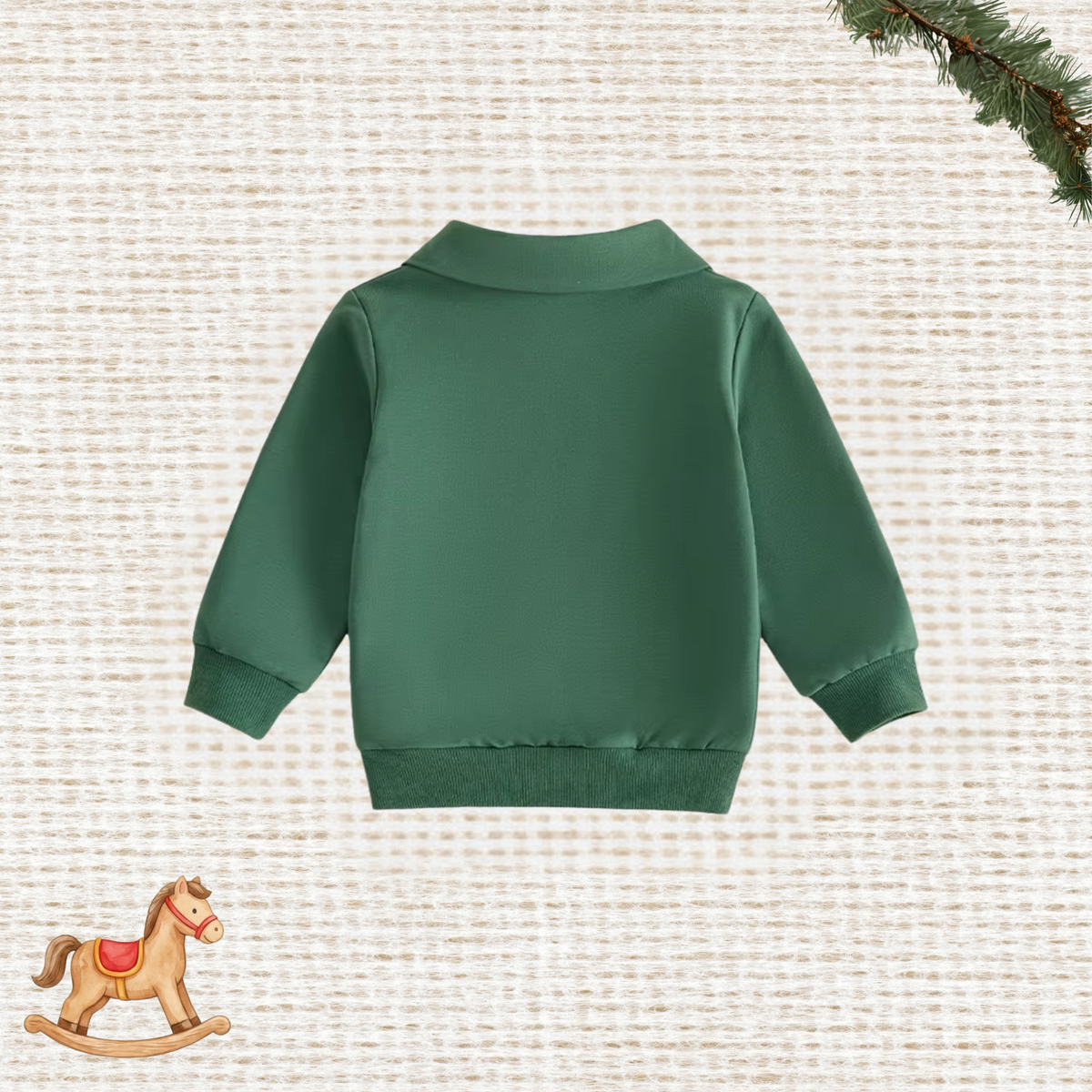 Back view of the Little Evergreen Christmas Tree Quarter-Zip Pullover in green, showing the fold-over collar, long sleeves, ribbed cuffs, and hem on a neutral textured background
