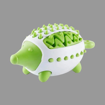 Green interactive dog treat puzzle toy with textured chewing surface.