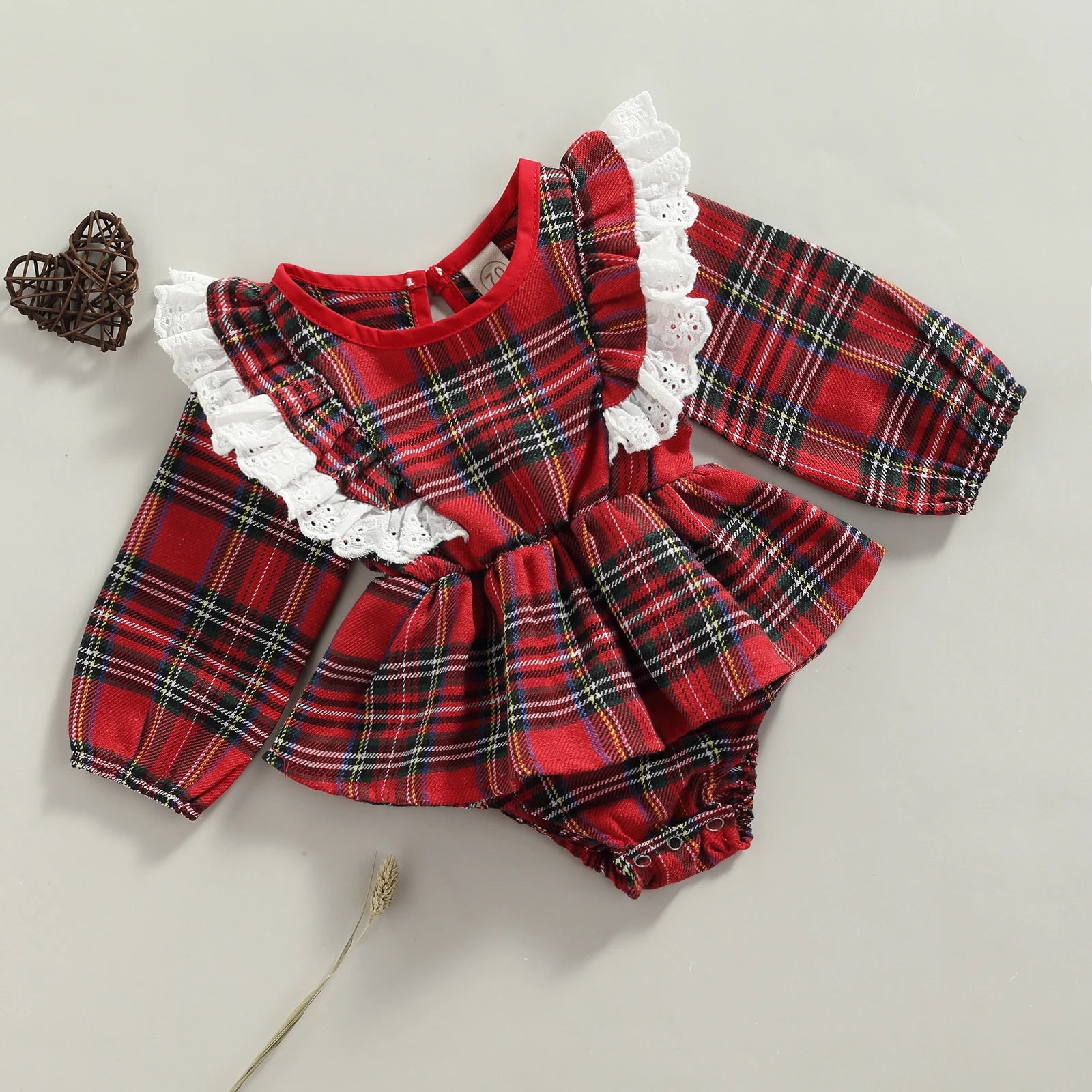 Luxury Christmas baby romper – red plaid with white lace ruffles (size 6M & 12M)