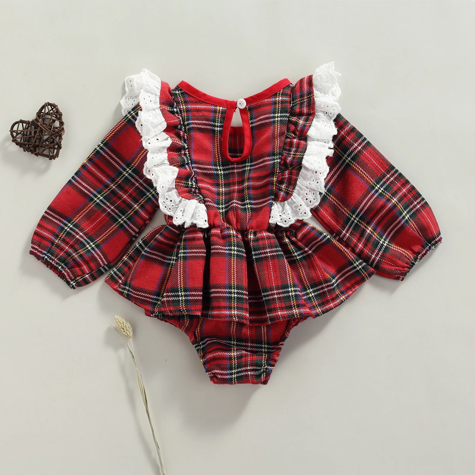Back view baby romper – holiday plaid design with long sleeves