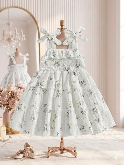 Little girl in an elegant ivory bloom floral ruffle dress feeding animals outdoors