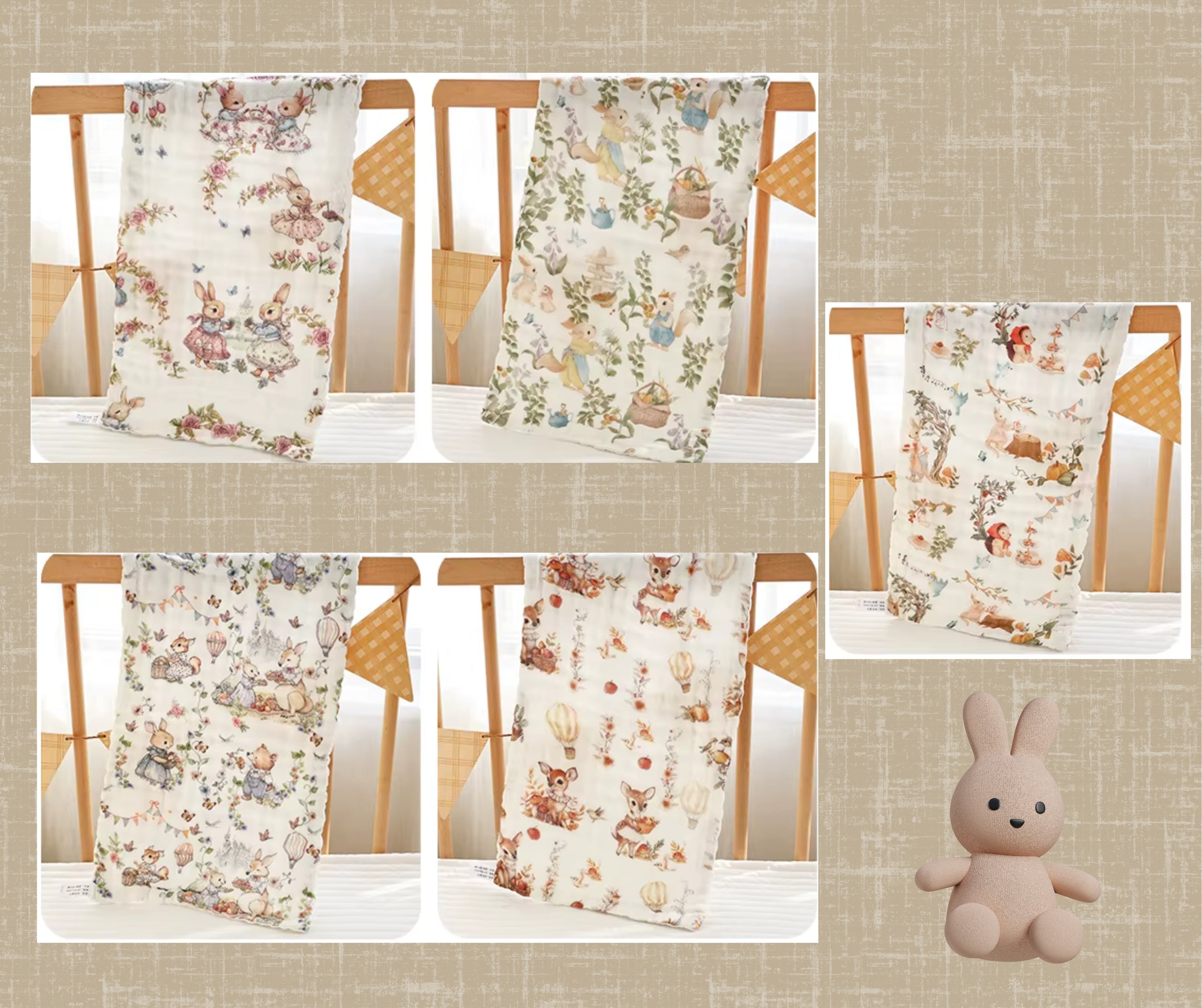 “Assorted luxury muslin baby burp cloths in woodland animal and floral prints, displayed hanging on a crib with soft toy bunny – breathable 6-layer cotton gauze perfect for newborn care.”