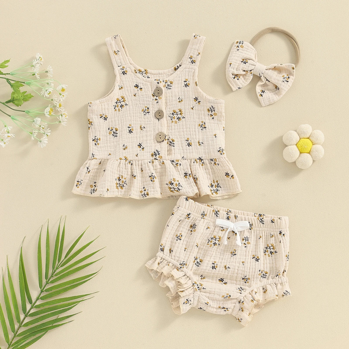 Khaki Sweet Blossom baby girl floral 3-piece outfit with ruffle bloomers and matching bow headband