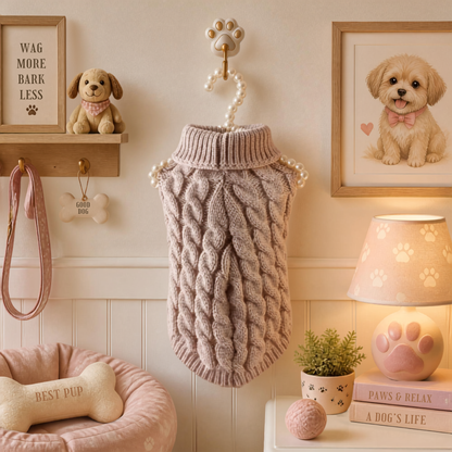 Khaki cable knit dog sweater displayed in a cozy pet room