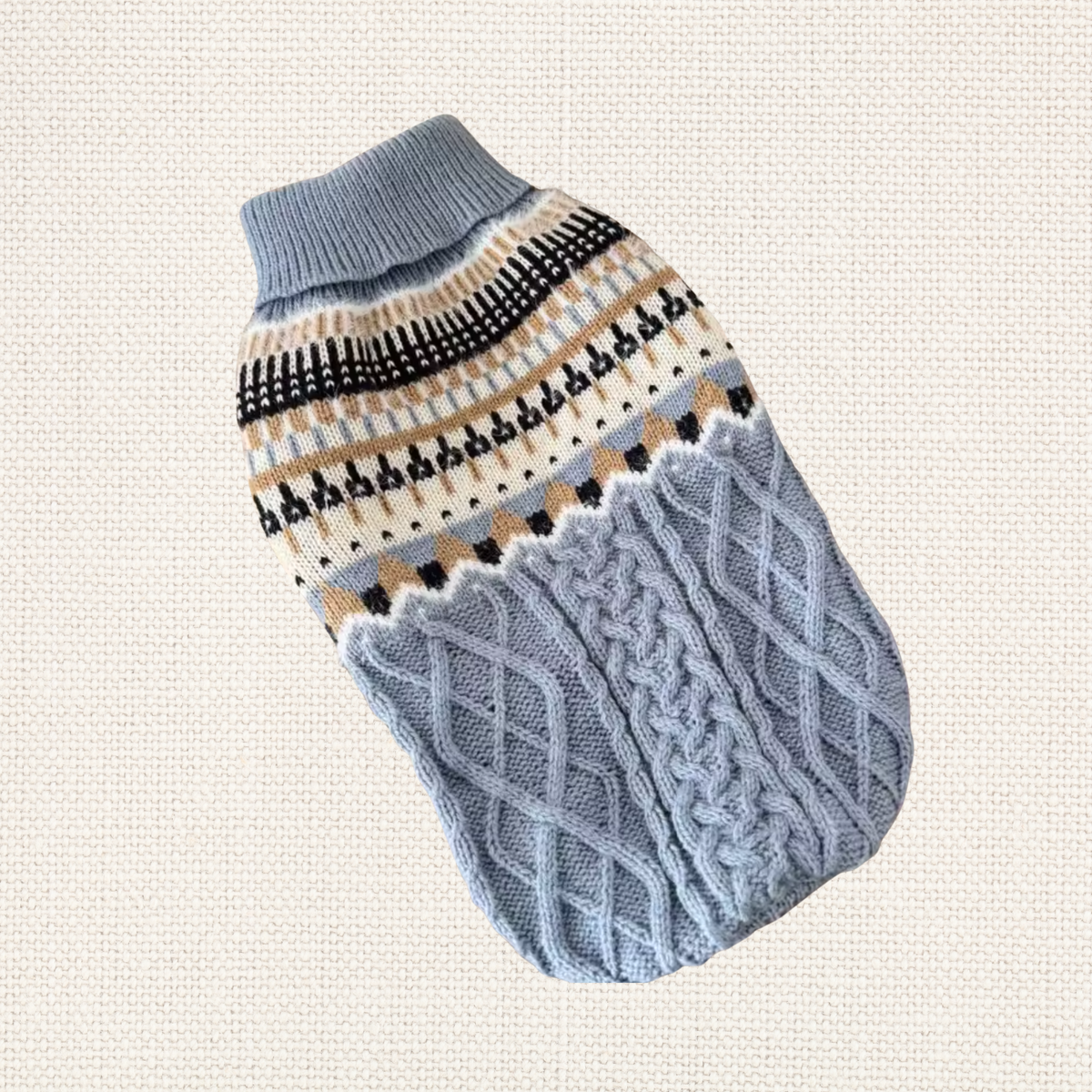 Light Blue Fair Isle Cable Knit Dog Sweater with cable-knit texture and patterned design