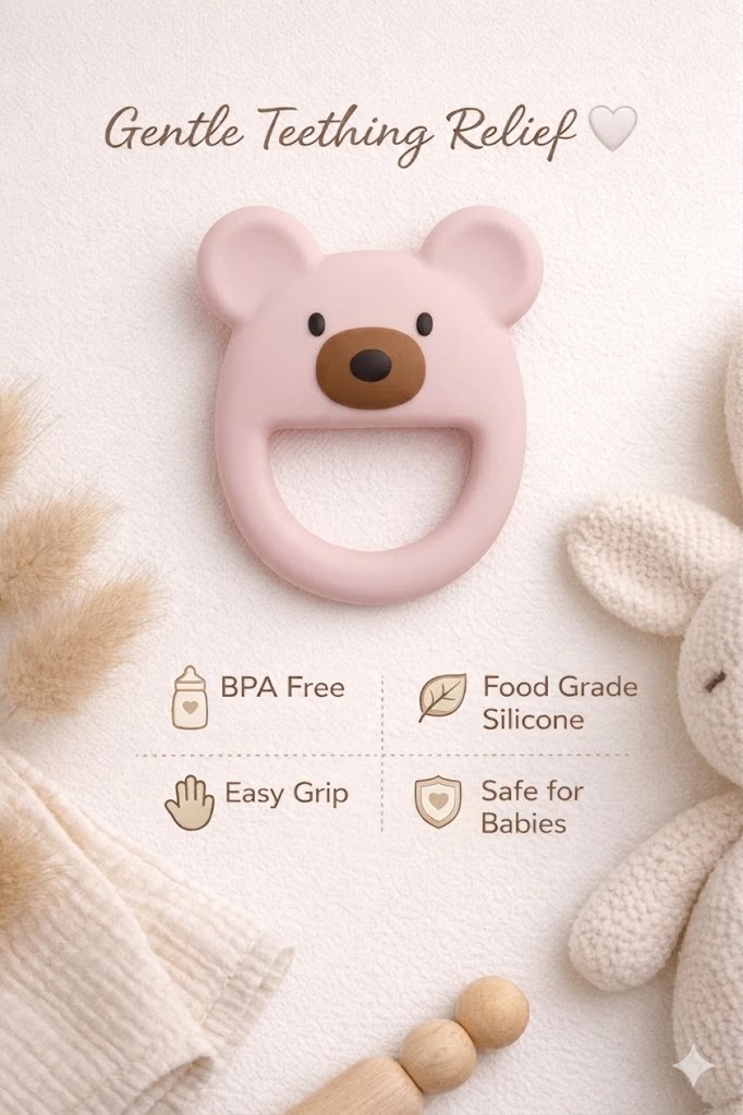 Light Pink Luxe Bear silicone baby teether with BPA-free, food-grade silicone and easy-grip features