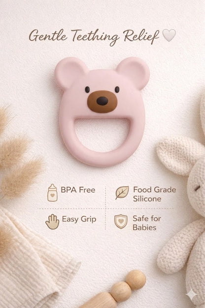 Light Pink Luxe Bear silicone baby teether with BPA-free, food-grade silicone and easy-grip features