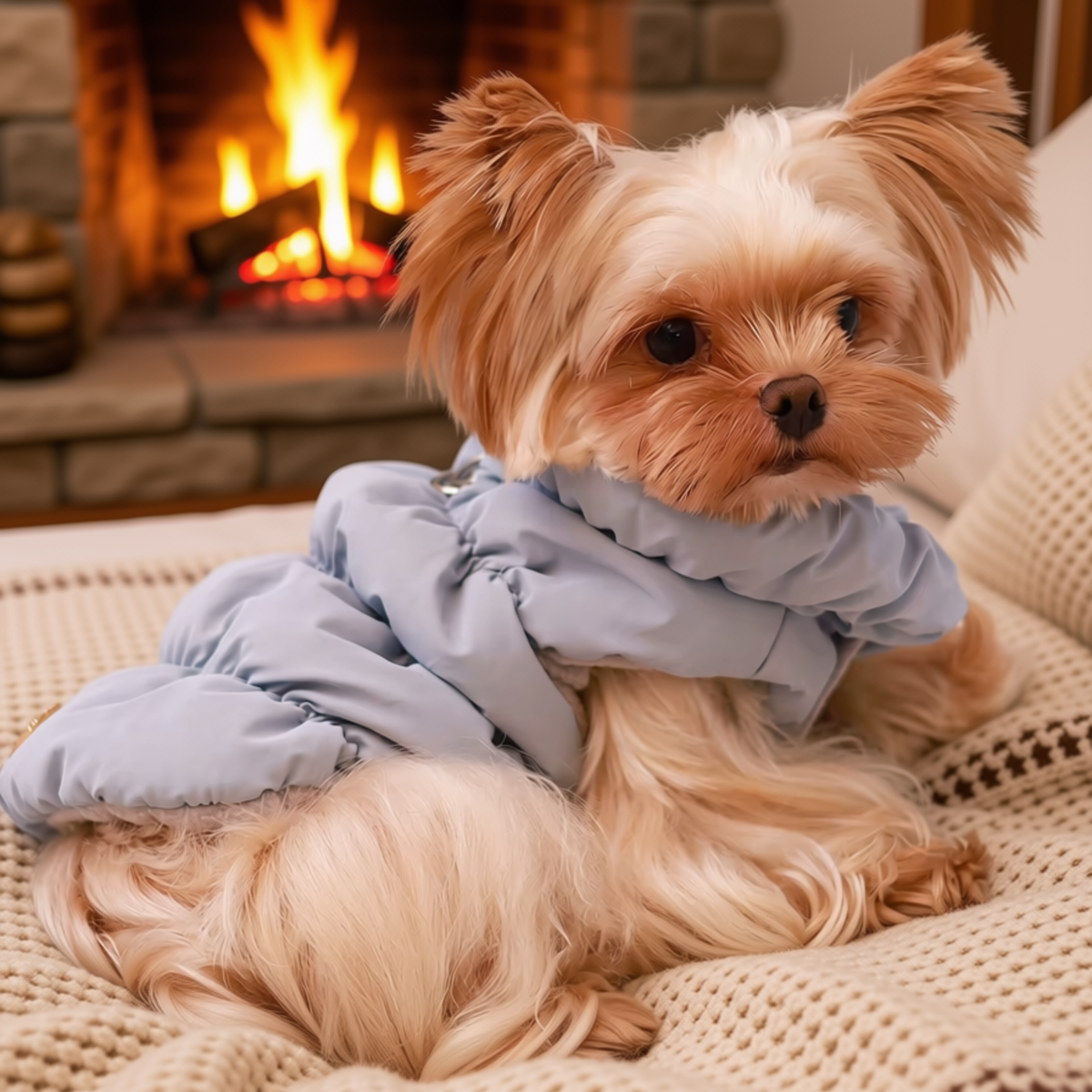 Light blue puffer pet jacket on a small dog relaxing by a fireplace