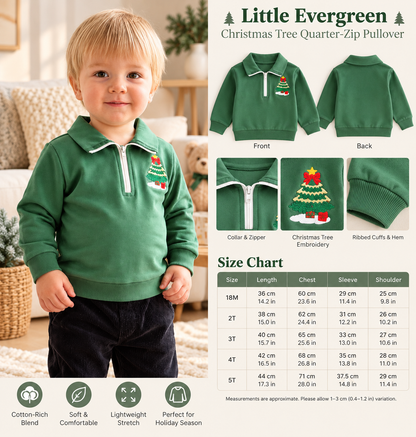 Little Evergreen Christmas Tree Quarter-Zip Pullover product guide featuring front and back views, collar, zipper, embroidered Christmas tree details, and toddler size chart from 18M to 5T