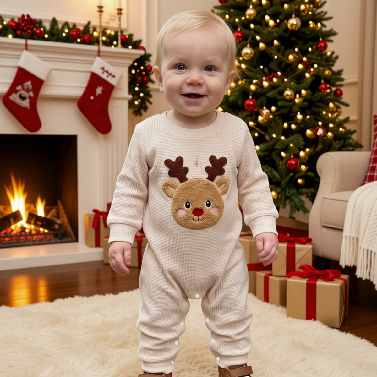 Smiling baby wearing a cream waffle-knit Rudolph reindeer romper with long sleeves and snap closures, standing near Christmas gifts and a decorated tree