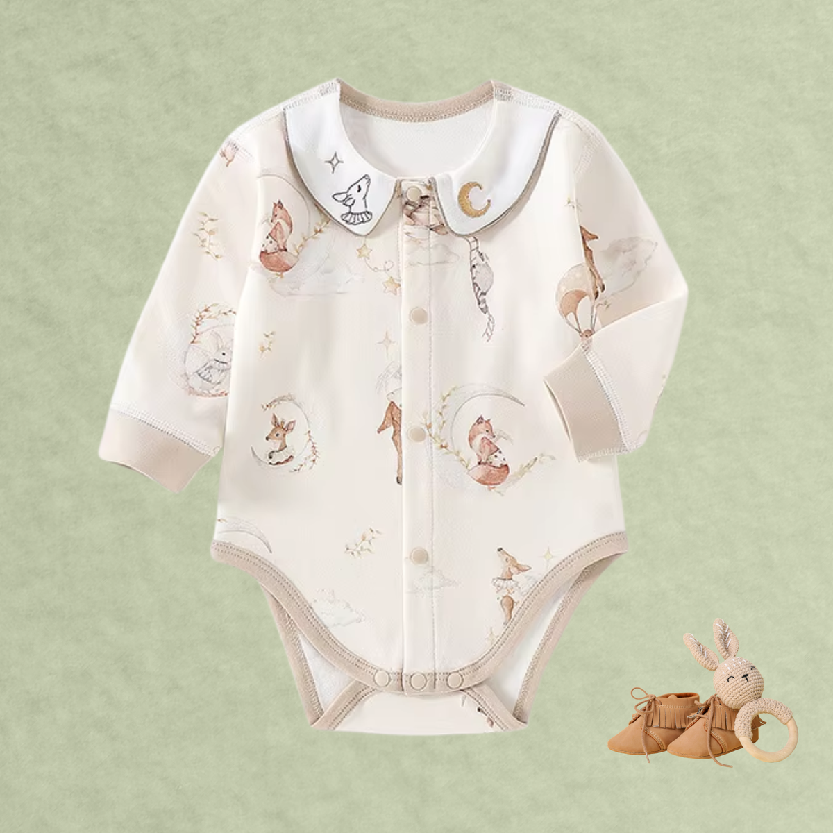 Little Fox 100% cotton baby romper with woodland animal print and Peter Pan collar