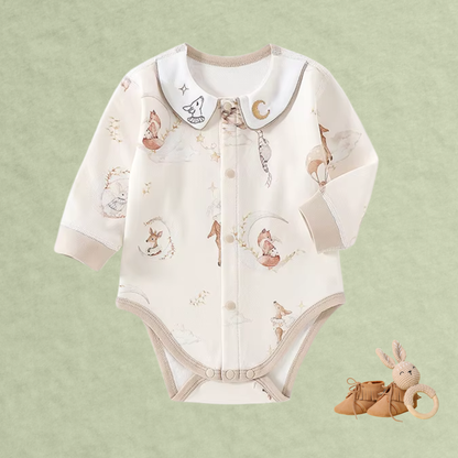 Little Fox 100% cotton baby romper with woodland animal print and Peter Pan collar