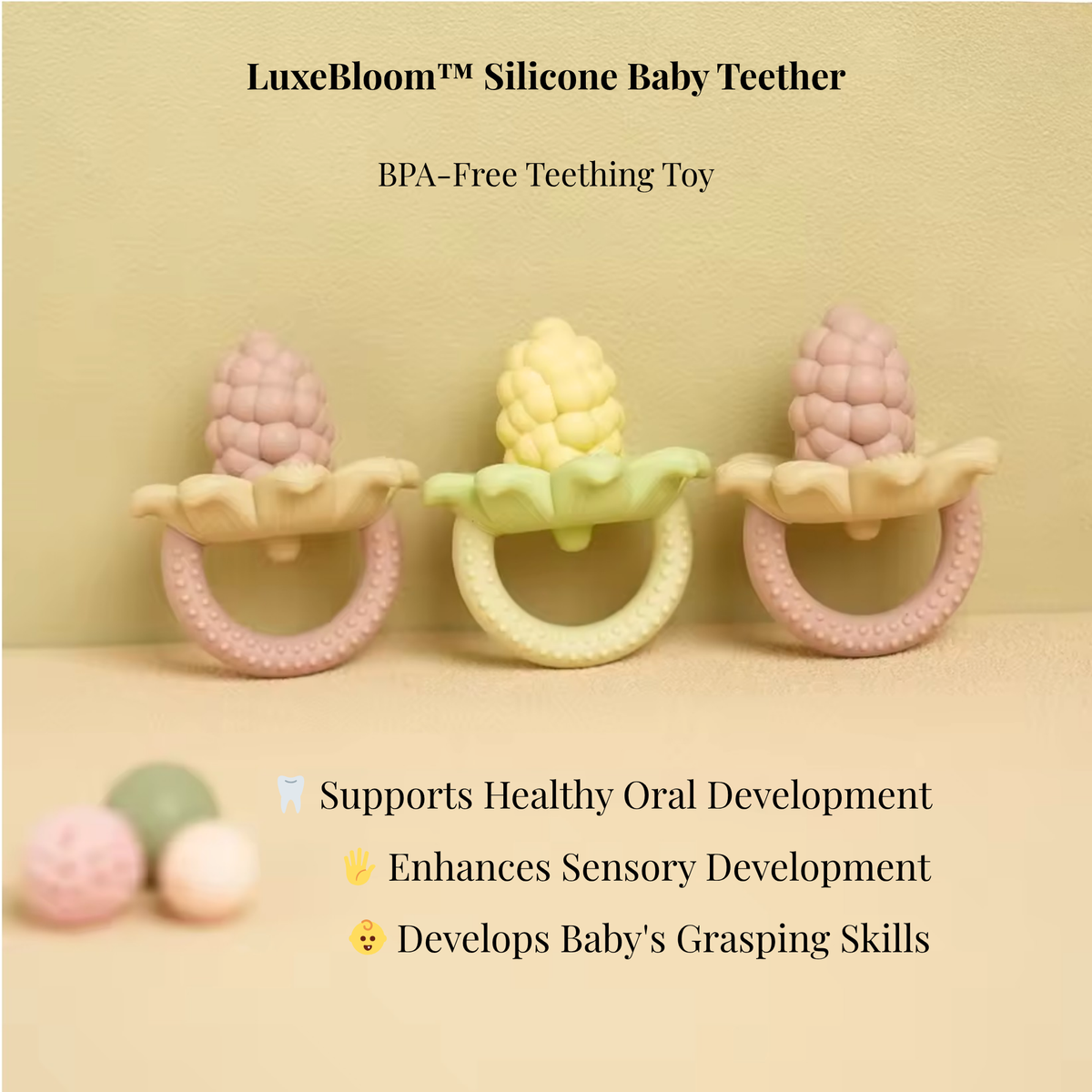 LuxeBloom silicone baby teether in Beige Bloom, Sage Bloom and Lilac Bloom