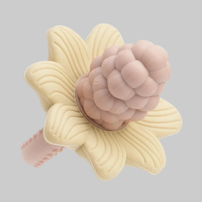 LuxeBloom silicone baby teether in Beige Bloom with textured floral design