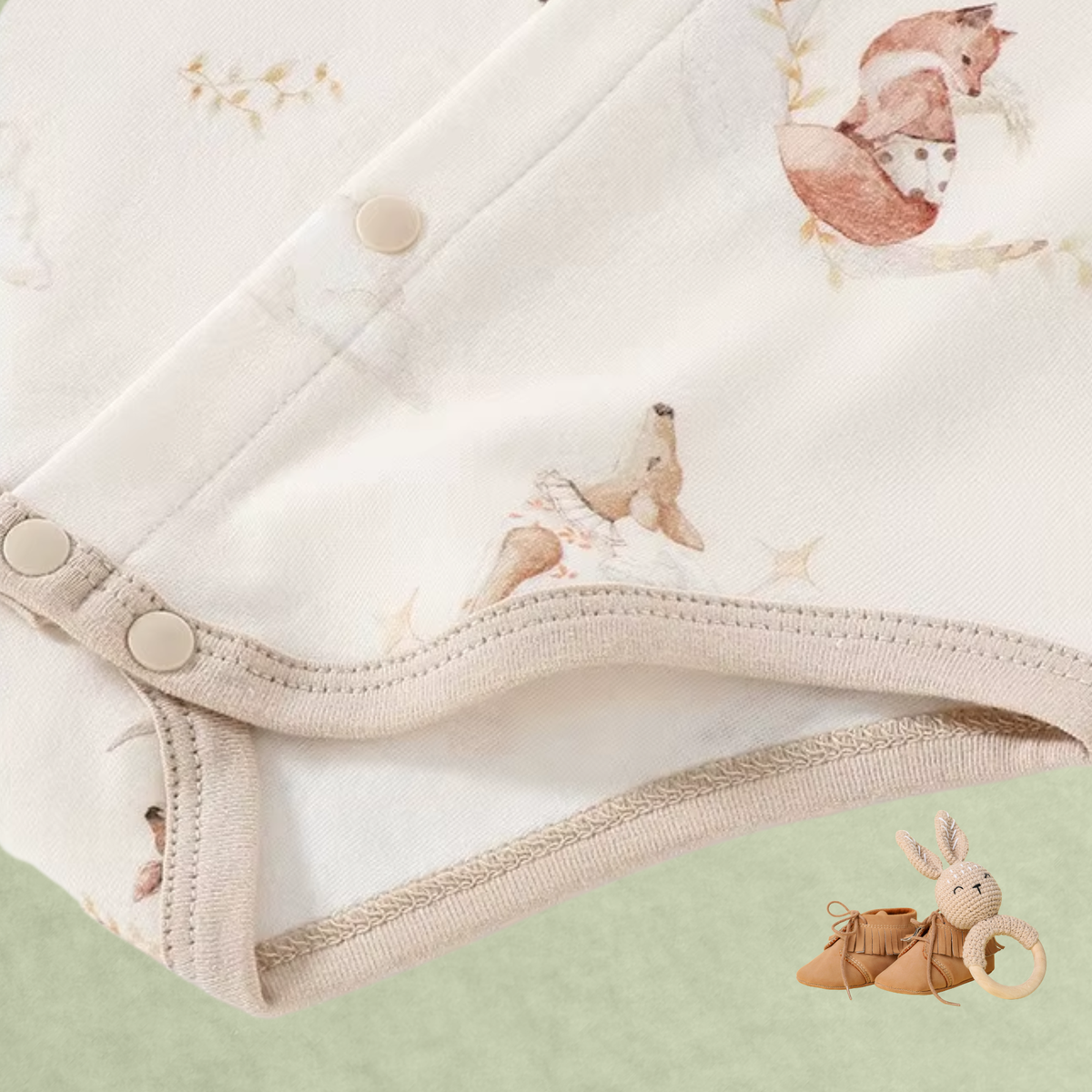 Close-up of Little Fox cotton baby romper showing fabric, stitching, fox print and snap closure