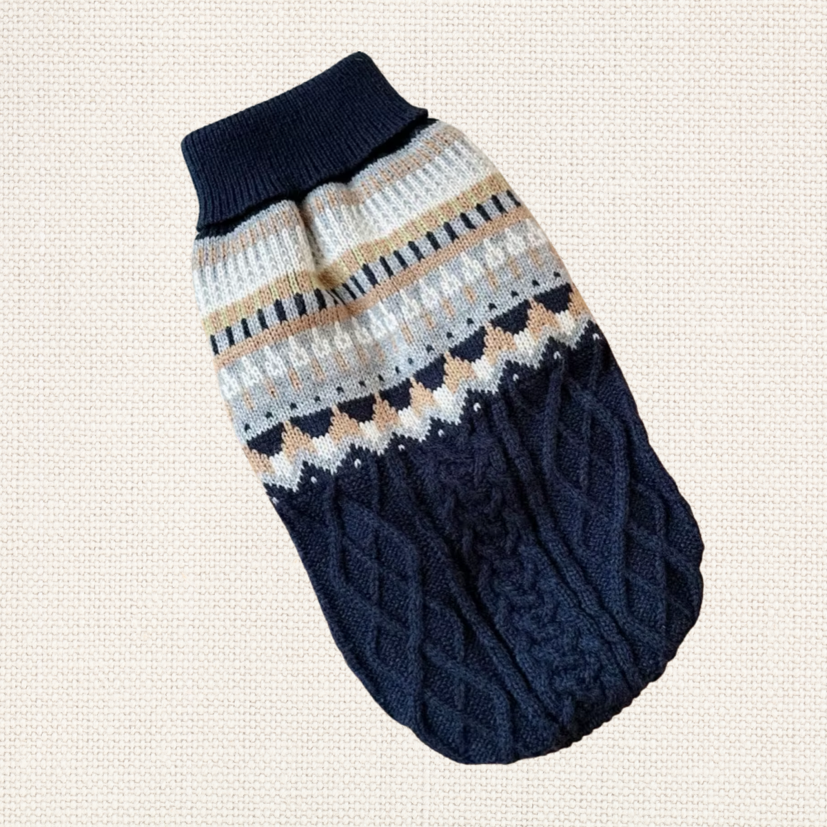 Navy Blue Fair Isle Cable Knit Dog Sweater with cable-knit texture and patterned design