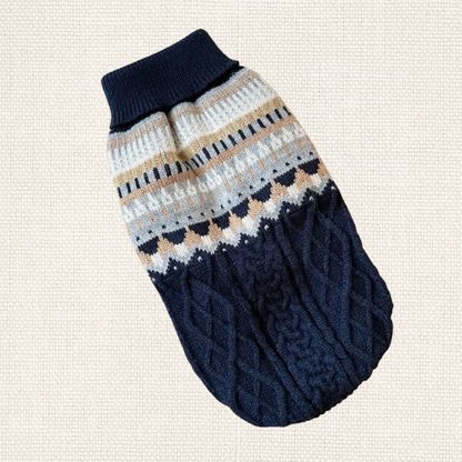 Navy Blue Fair Isle Cable Knit Dog Sweater with cable-knit texture and patterned design