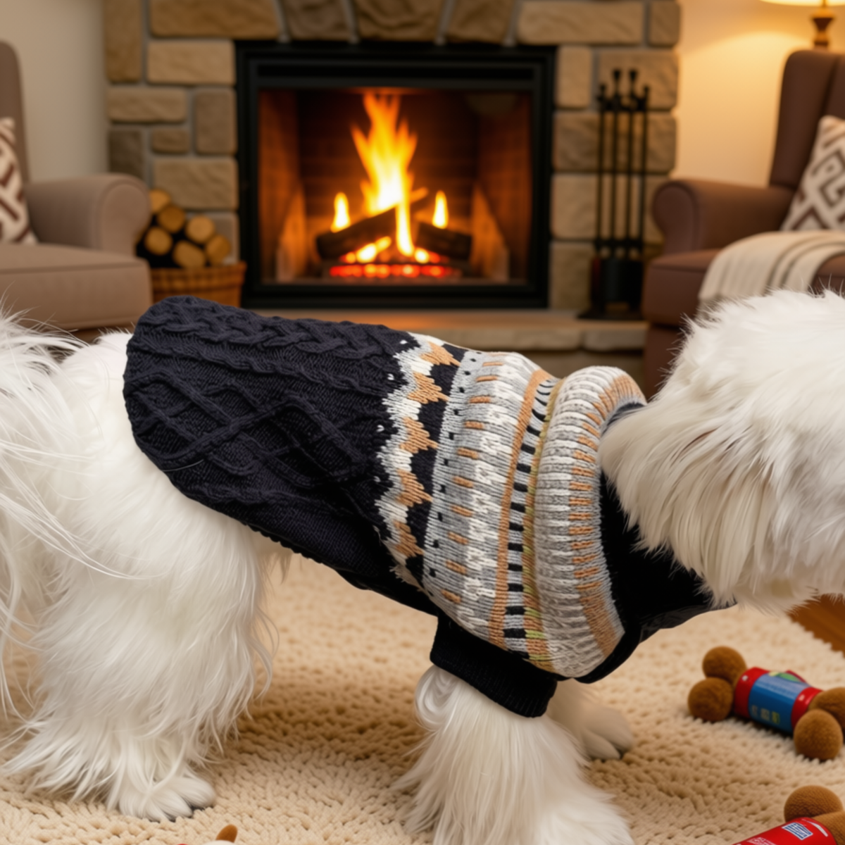 White dog wearing Navy Blue Fair Isle Cable Knit Dog Sweater indoors by a fireplace