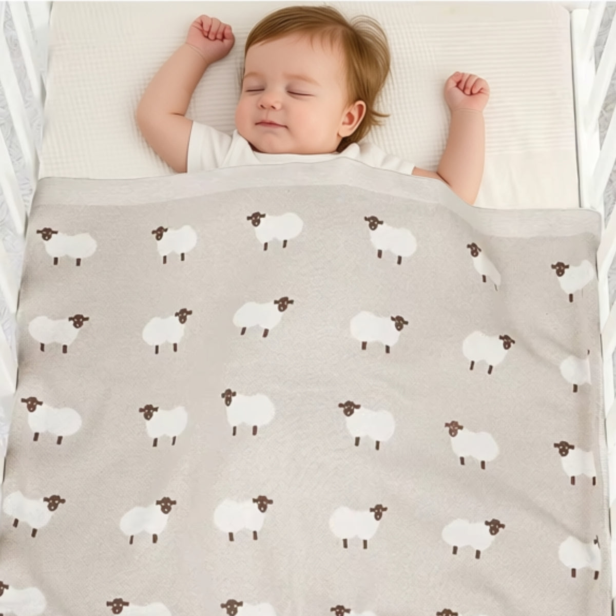Baby sleeping under oatmeal sheep knit blanket