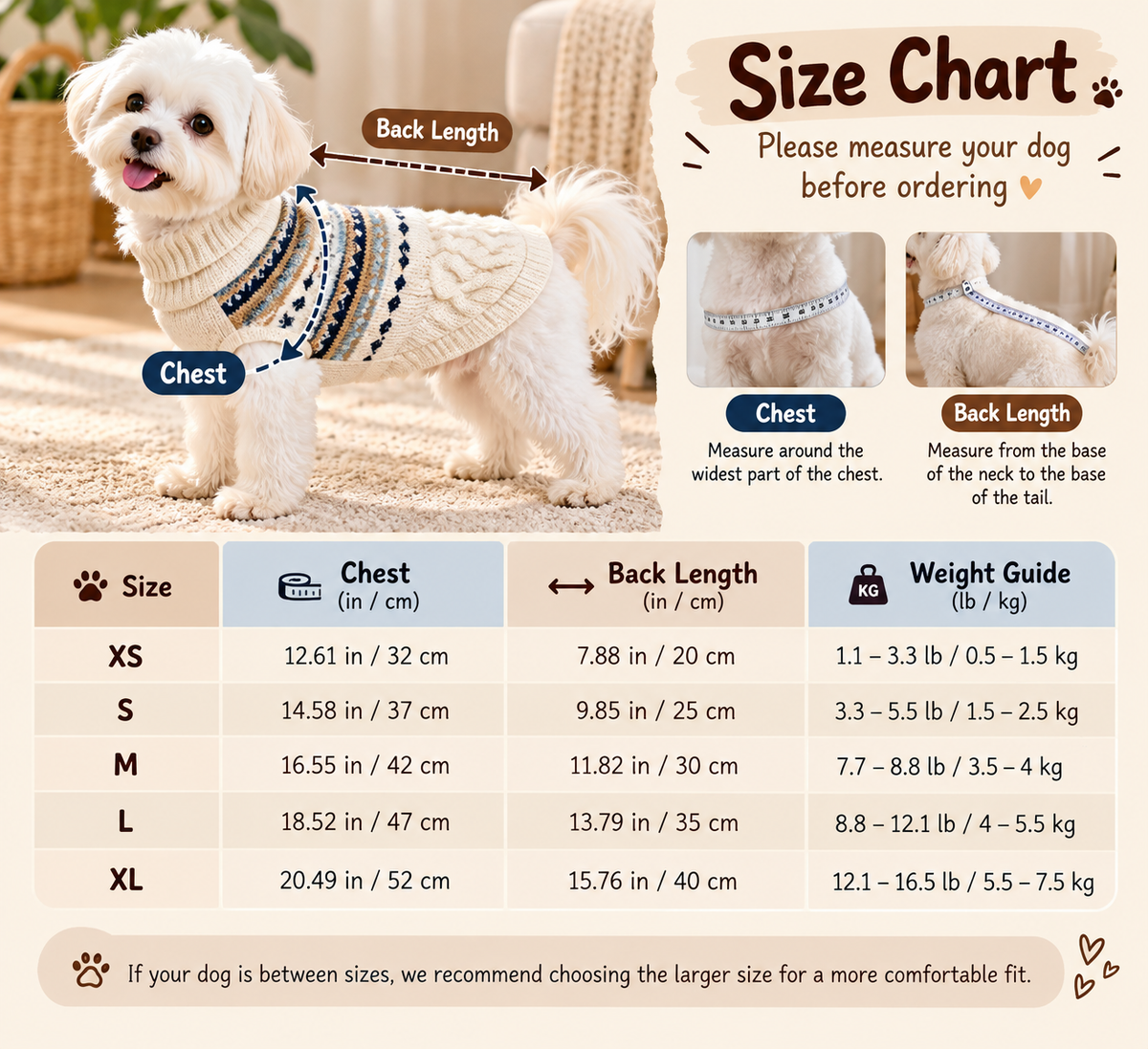 Fair Isle Cable Knit Dog Sweater size chart with chest, back length, and weight guide in inches, centimeters, pounds, and kilograms