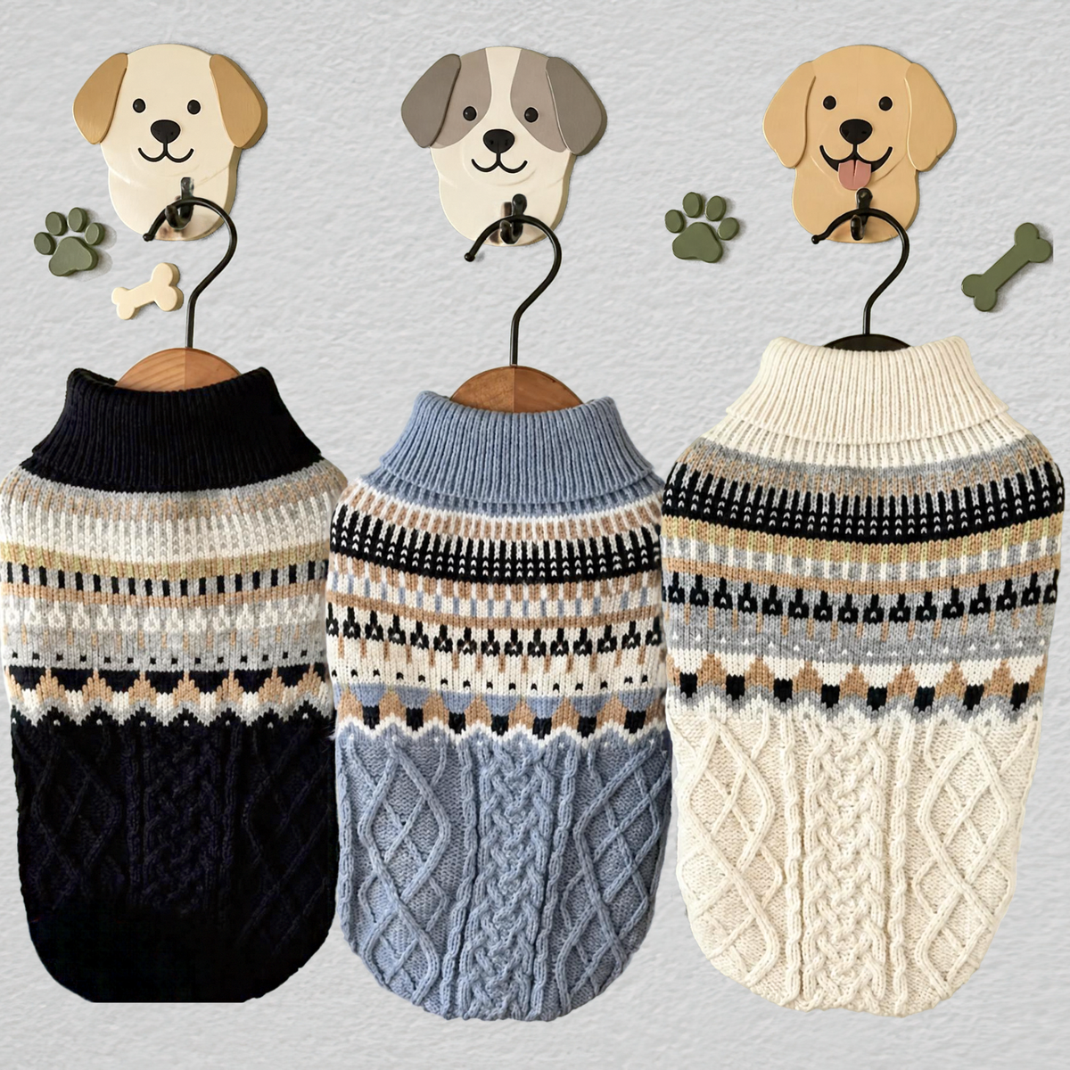 Fair Isle Cable Knit Dog Sweater in Navy Blue, Light Blue, and White color options
