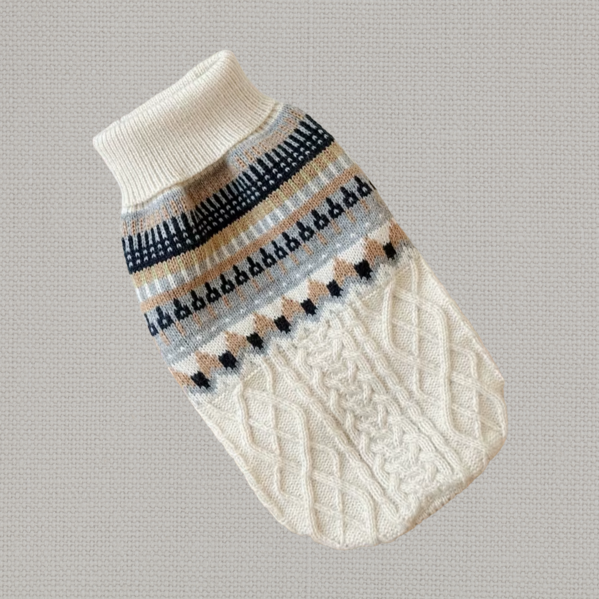 White Fair Isle Cable Knit Dog Sweater with cable-knit texture and patterned design