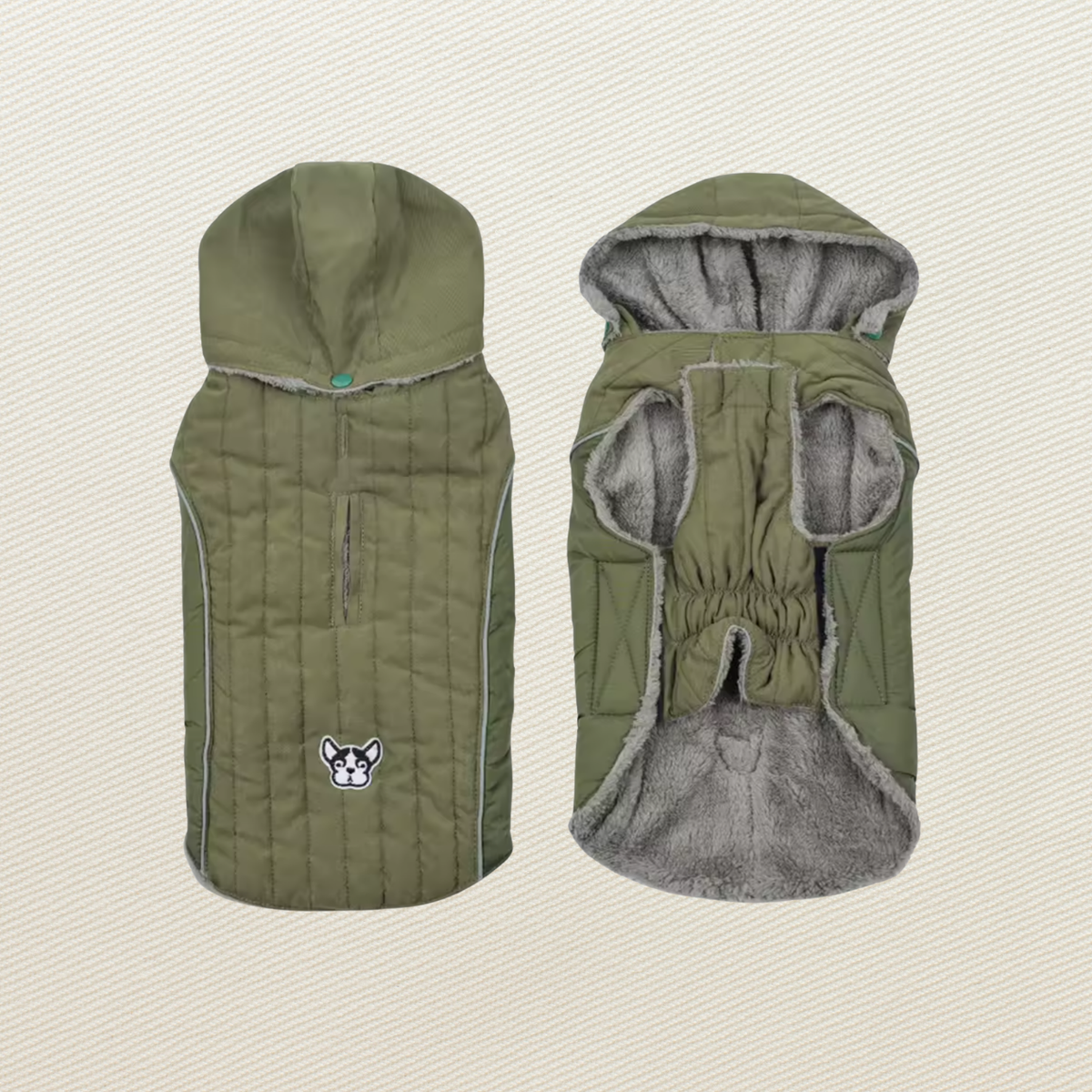 Front and back views of an olive green quilted dog winter coat showing the hood, fleece lining and reflective trim