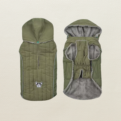 Front and back views of an olive green quilted dog winter coat showing the hood, fleece lining and reflective trim