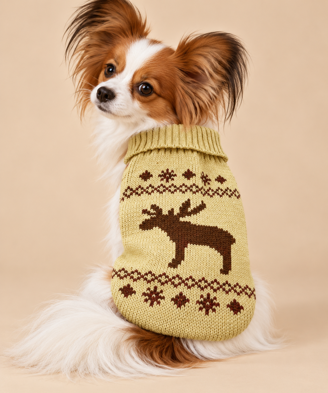 Papillon wearing a beige reindeer knit dog sweater with a brown reindeer design and winter patterns on the back against a neutral beige background