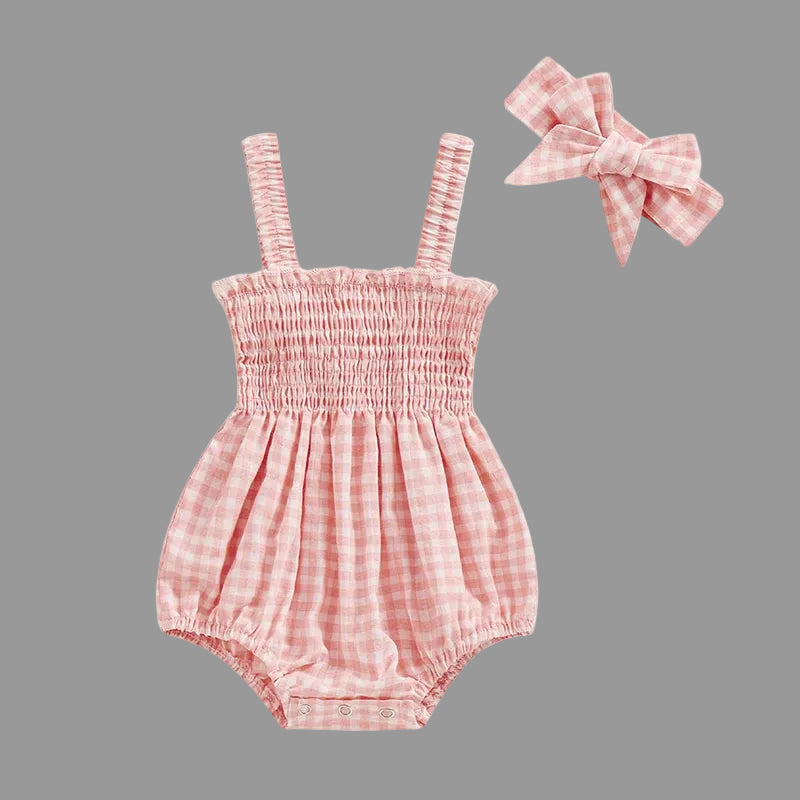 Pink Gingham smocked baby girl romper and matching bow headband