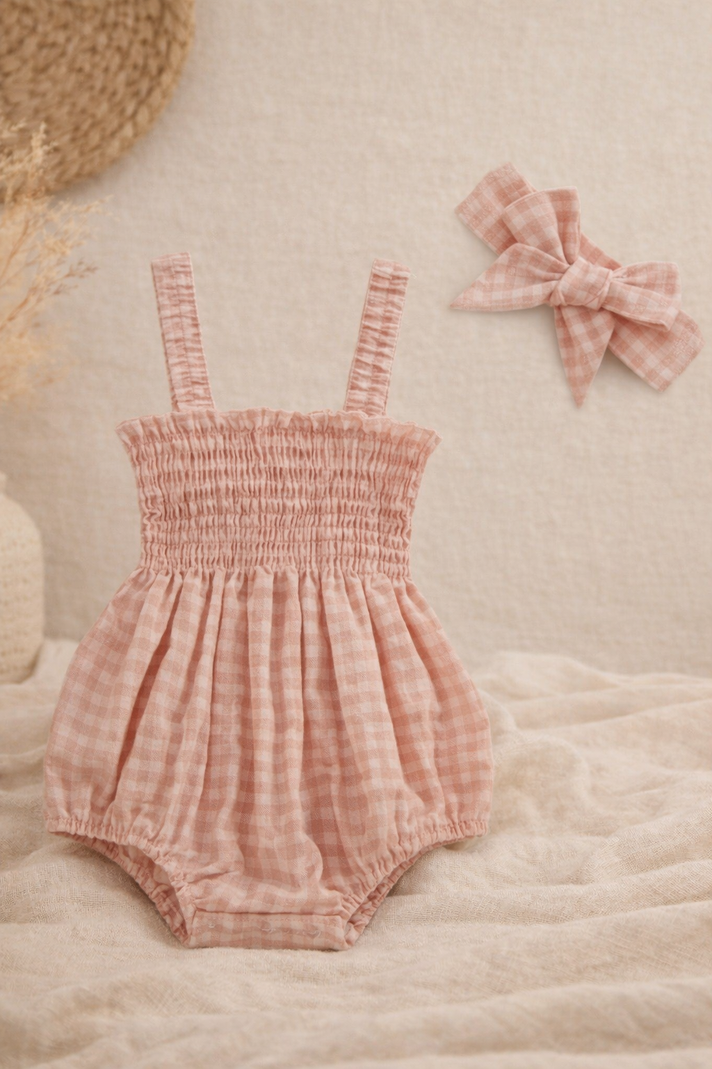 Pink Gingham smocked baby girl romper with matching bow headband
