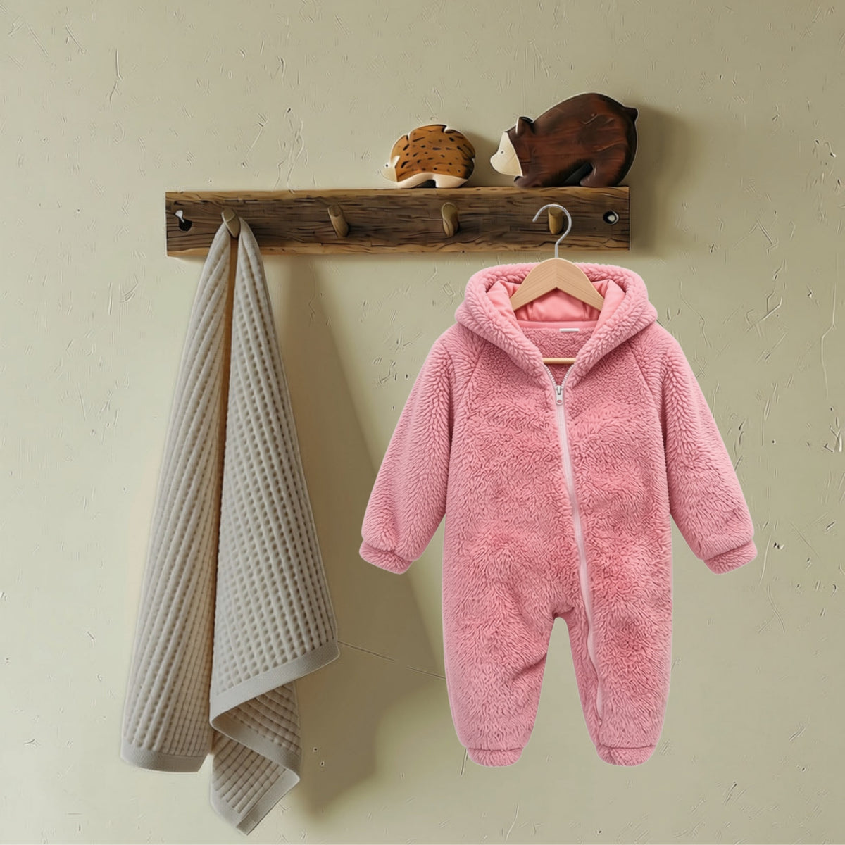 Pink fuzzy bear hooded baby romper with full-length zipper